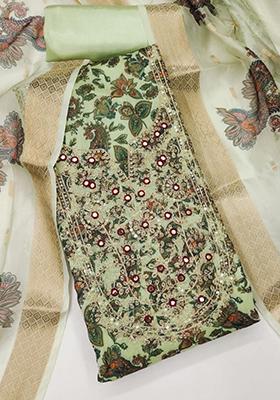 Green Solid Chanderi Dress Material