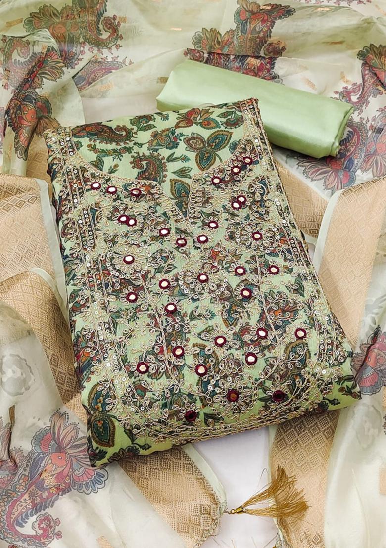 Green Solid Chanderi Dress Material