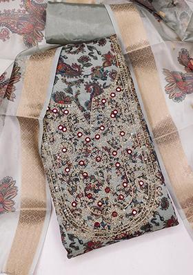 Grey Solid Chanderi Dress Material