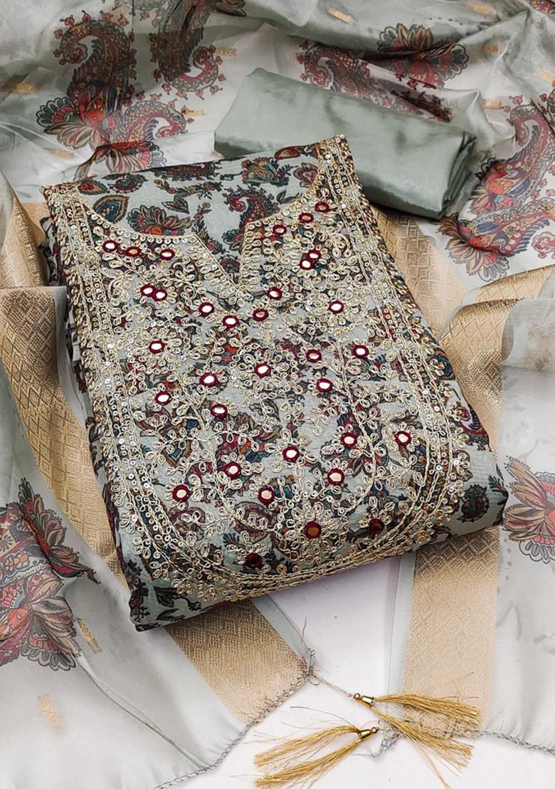 Grey Solid Chanderi Dress Material