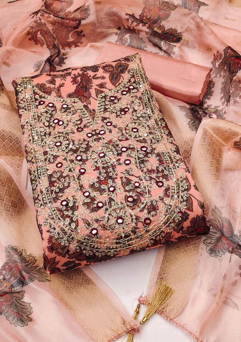 Orange Solid Chanderi Dress Material