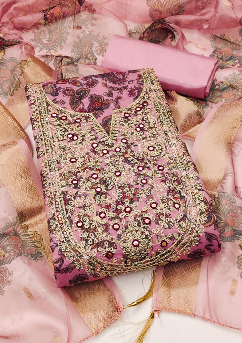 Pink Solid Chanderi Dress Material