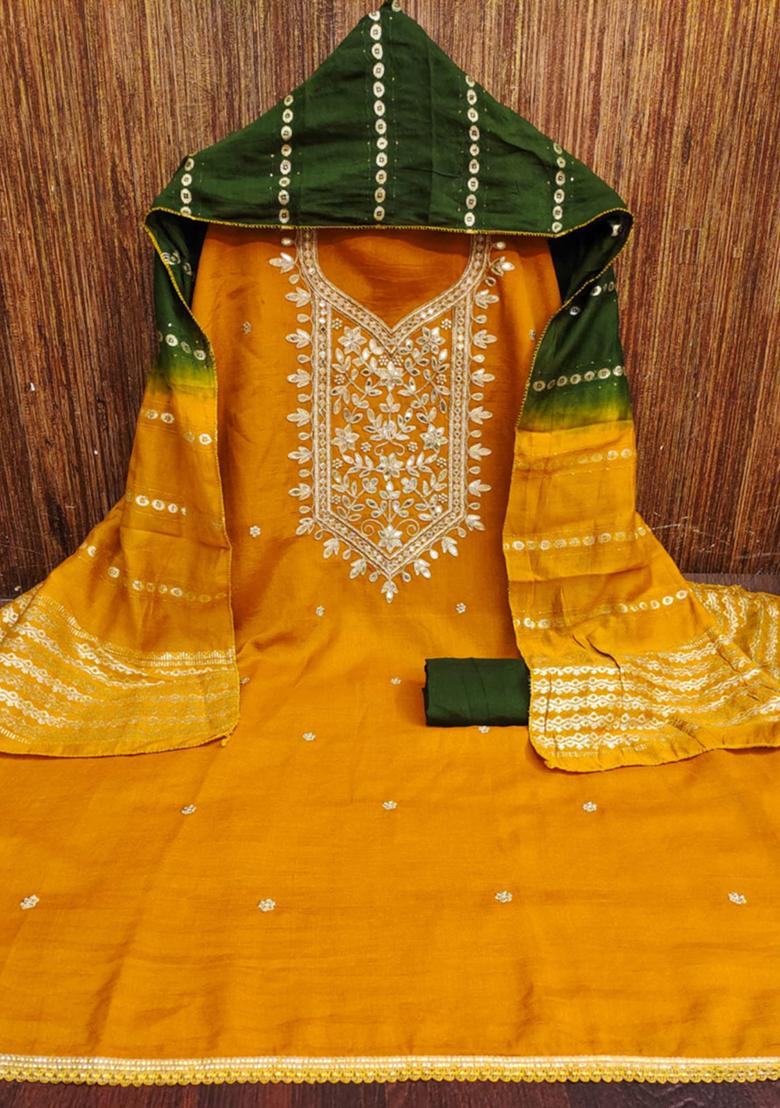 Gold Solid Silk Dress Material