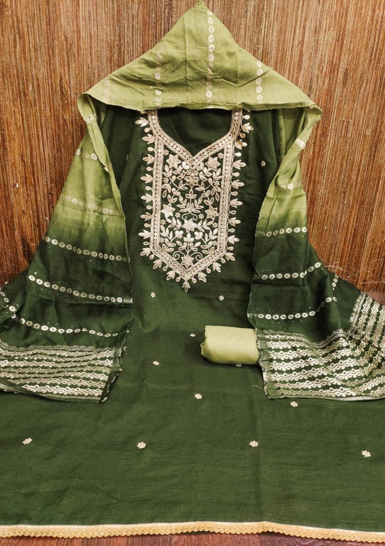 Green Solid Silk Dress Material