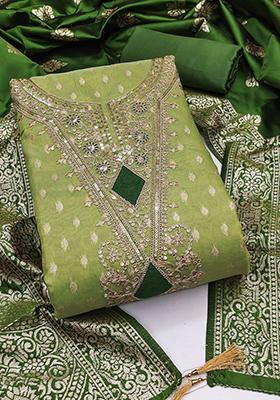 Green Solid Jacquard Dress Material
