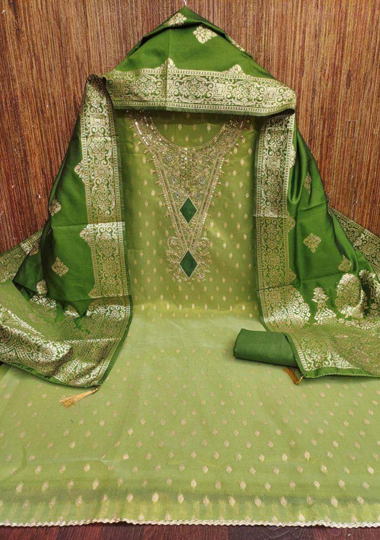 Green Solid Jacquard Dress Material