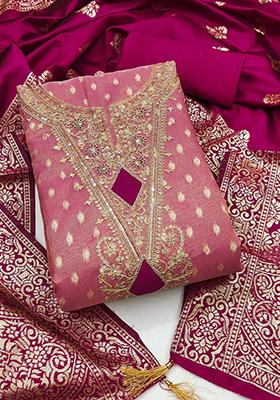 Pink Solid Jacquard Dress Material