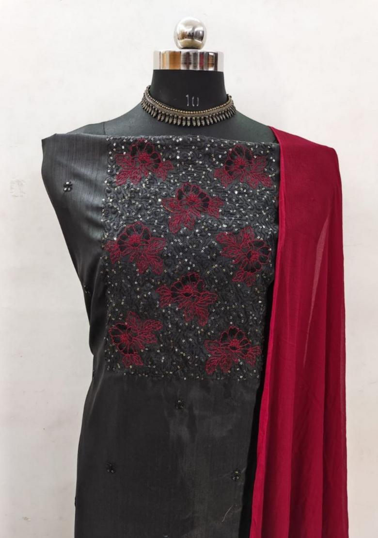 Black Solid Silk Dress Material