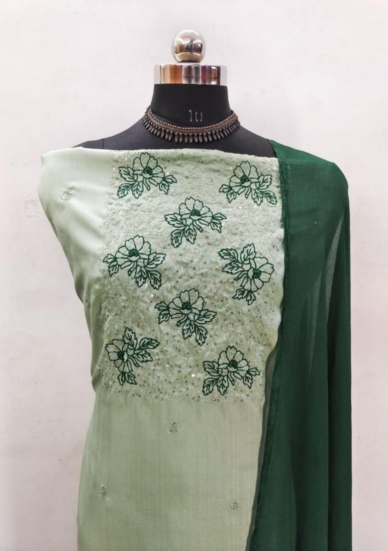 Olive Green Solid Silk Dress Material