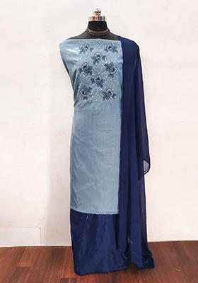 Teal Blue Solid Silk Dress Material