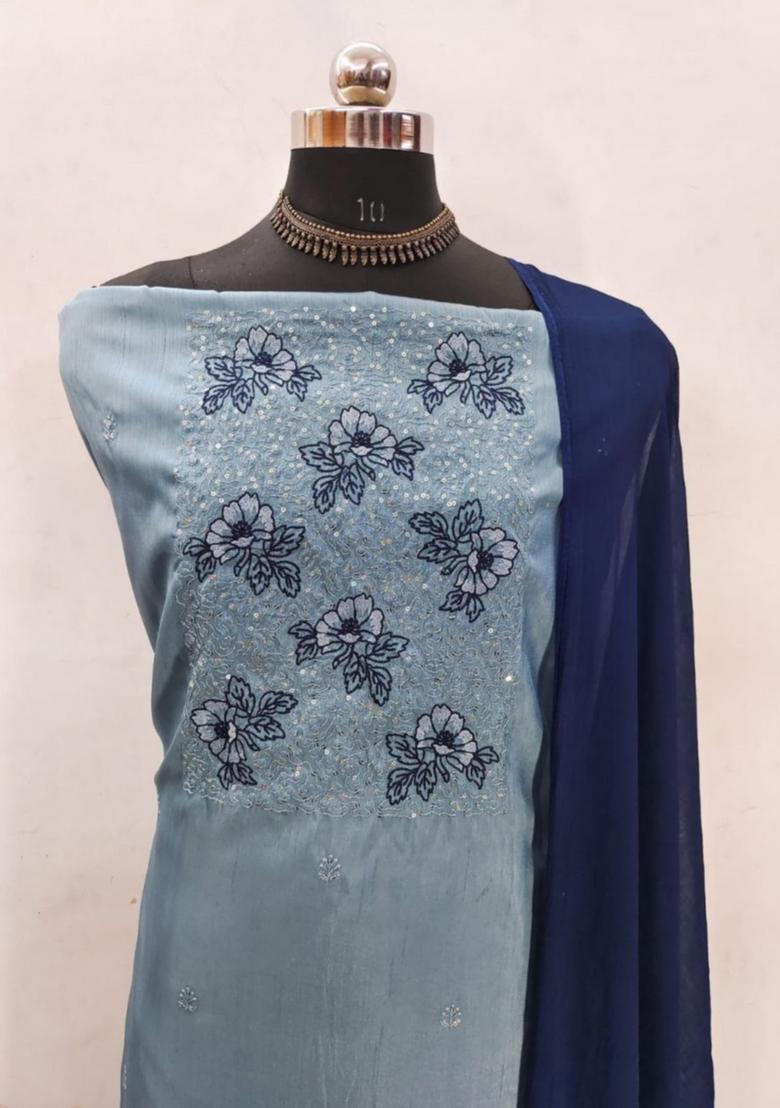 Teal Blue Solid Silk Dress Material
