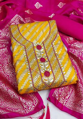 Gold Solid Jacquard Dress Material