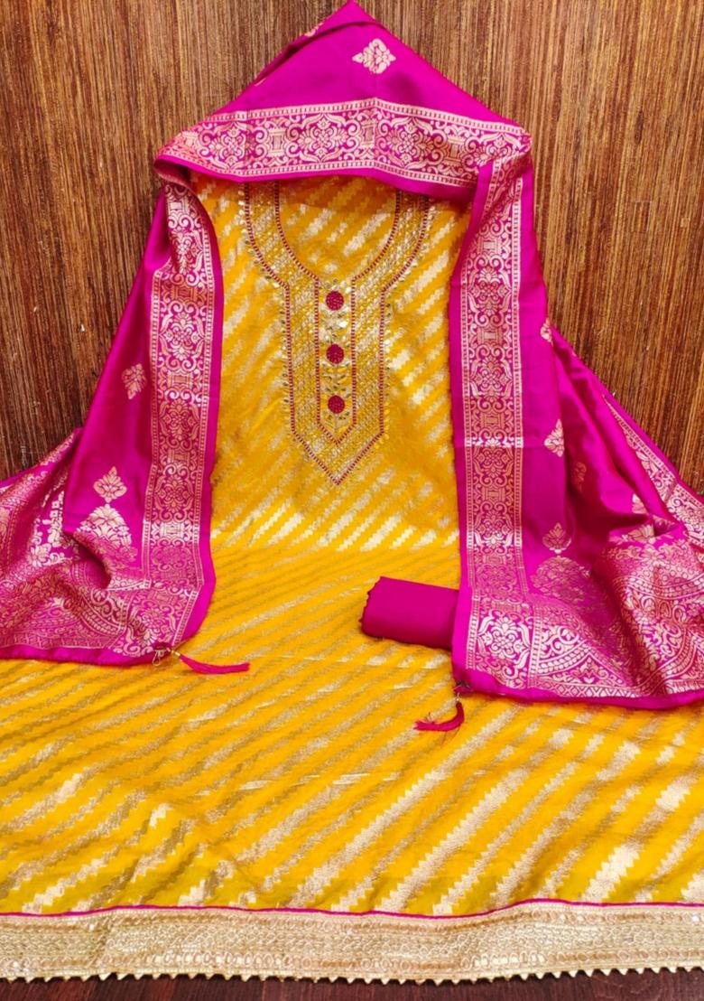 Gold Solid Jacquard Dress Material