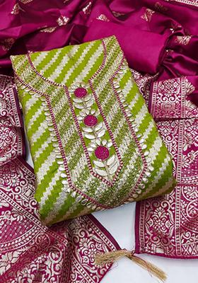 Green Solid Jacquard Dress Material