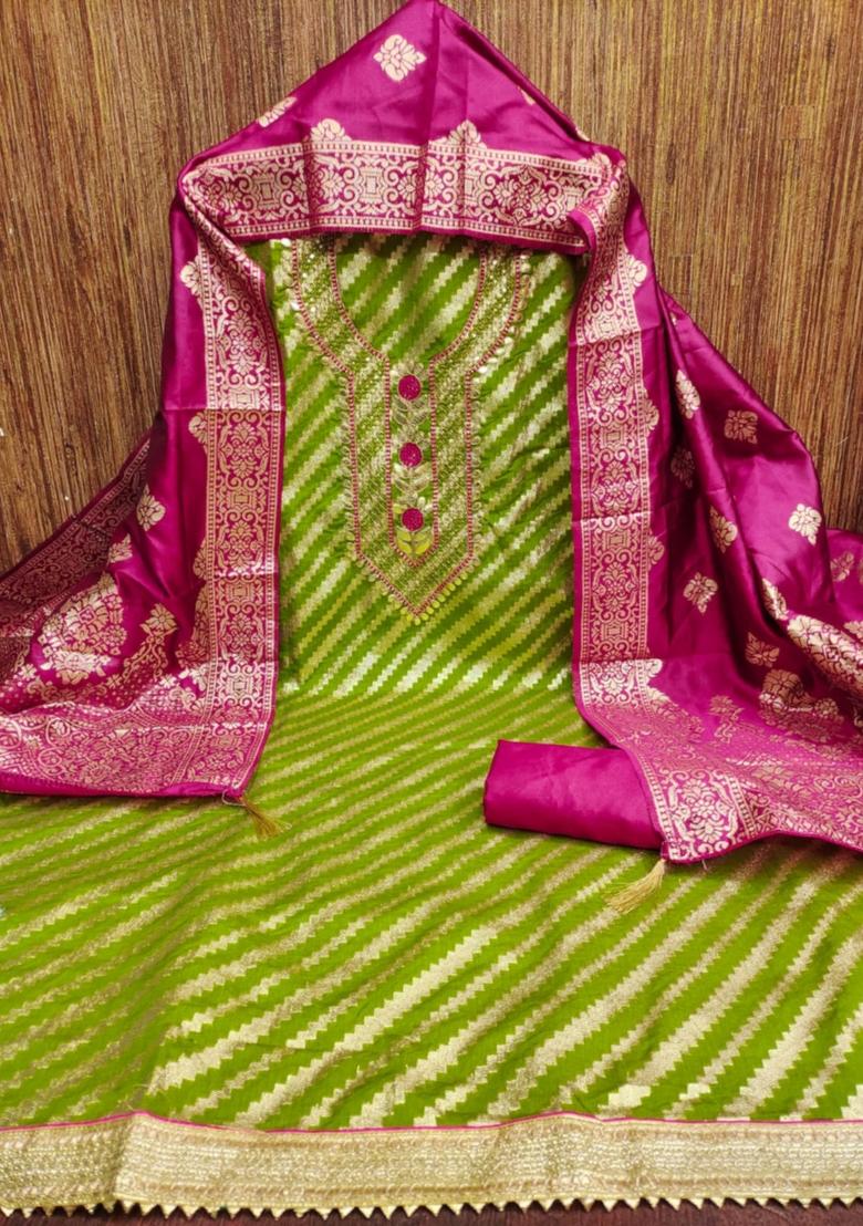 Green Solid Jacquard Dress Material