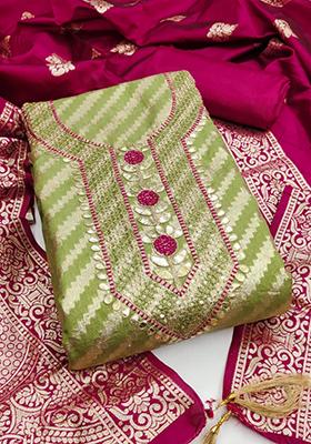 Sea Green Solid Jacquard Dress Material