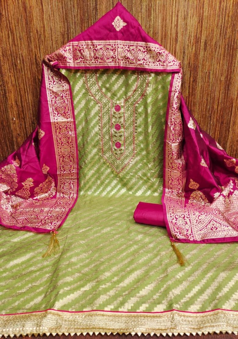 Sea Green Solid Jacquard Dress Material