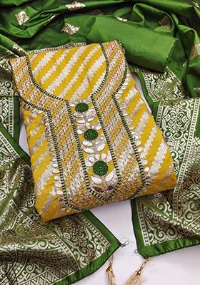 Mustard Yellow Solid Jacquard Dress Material