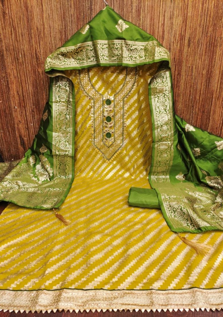 Mustard Yellow Solid Jacquard Dress Material