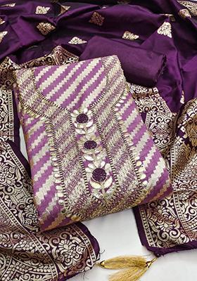 Purple Solid Jacquard Dress Material