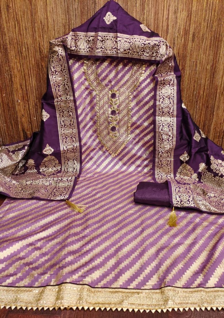 Purple Solid Jacquard Dress Material