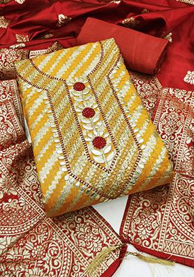 Yellow Solid Jacquard Dress Material