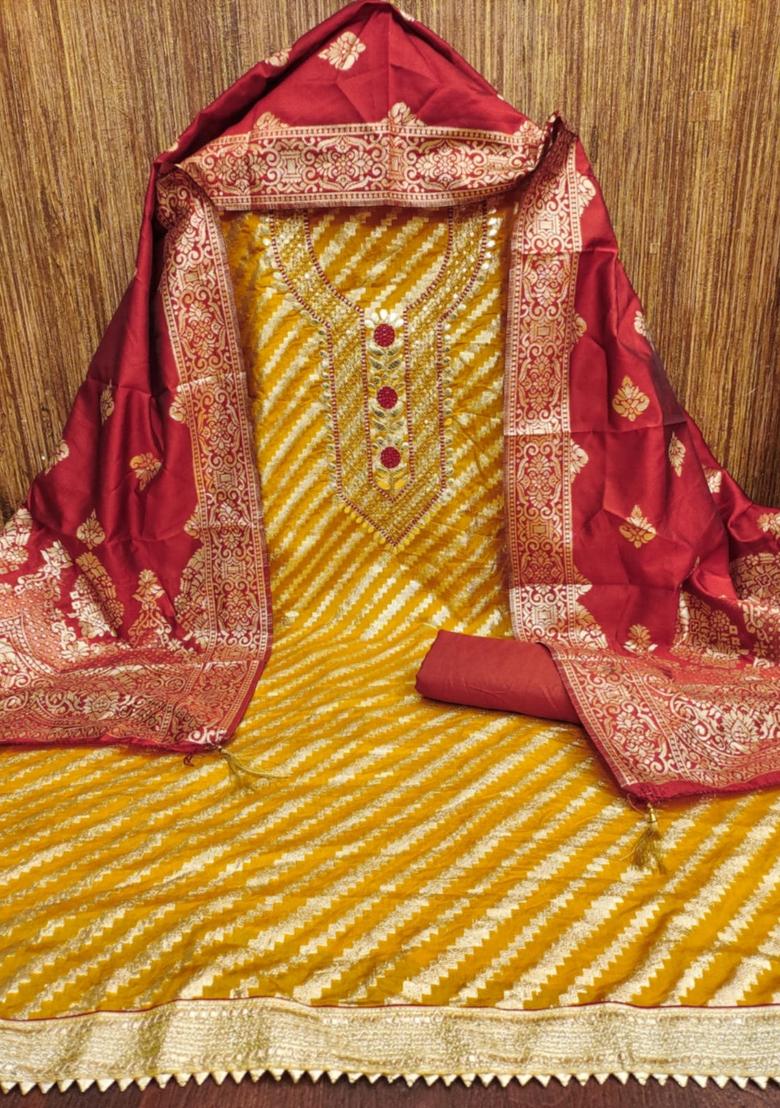 Yellow Solid Jacquard Dress Material