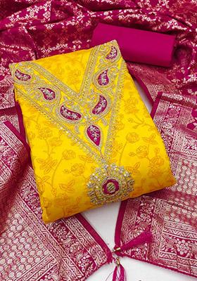 Gold Solid Jacquard Dress Material