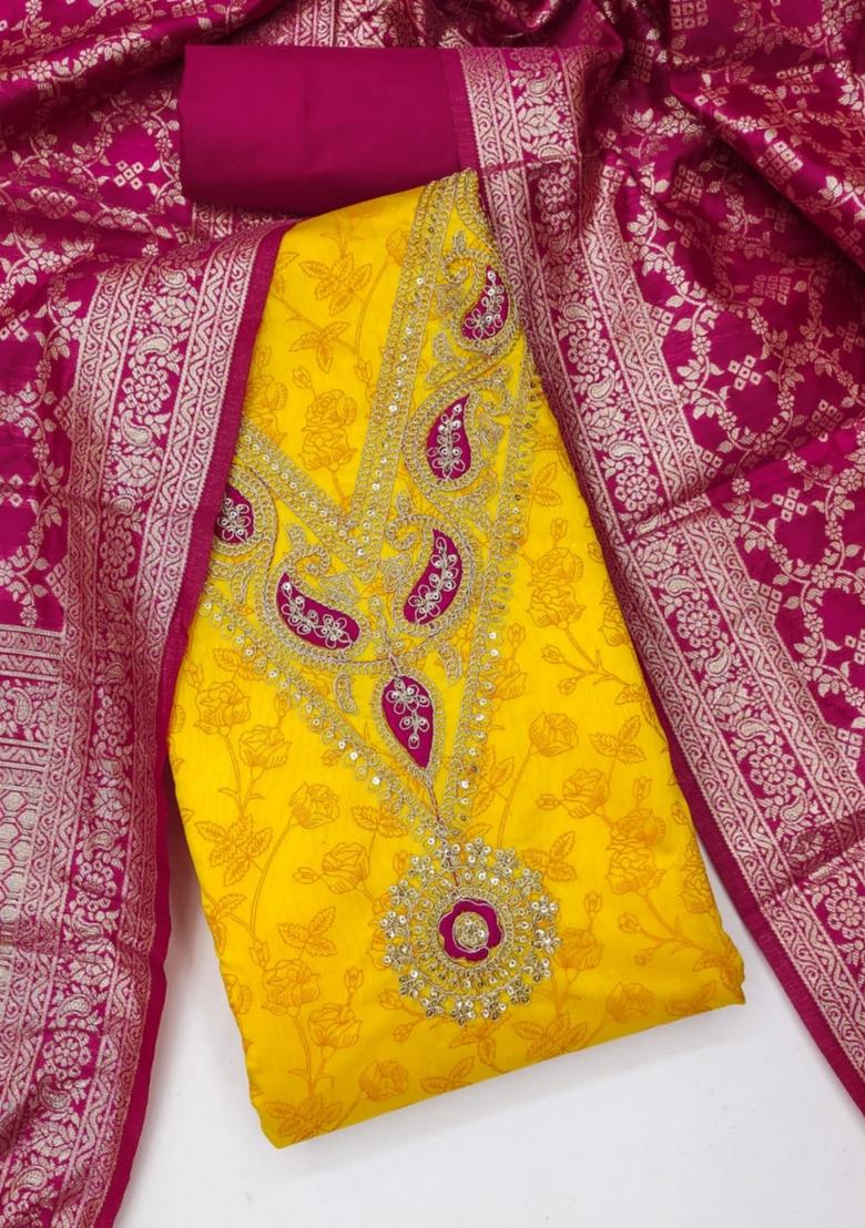 Gold Solid Jacquard Dress Material