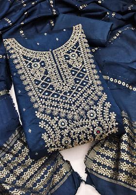 Aqua Blue Solid Chanderi Dress Material