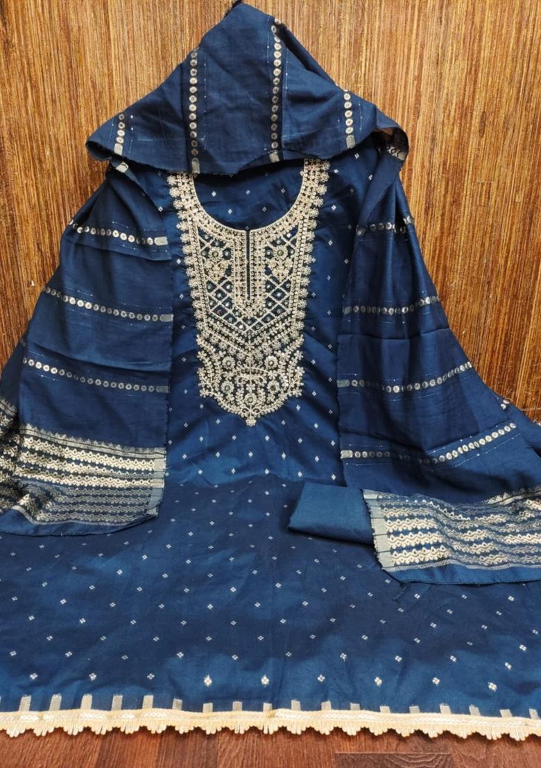 Aqua Blue Solid Chanderi Dress Material