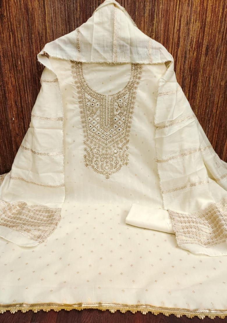 White Solid Chanderi Dress Material