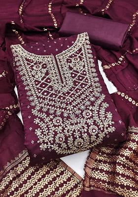 Wine Solid Chanderi Dress Material
