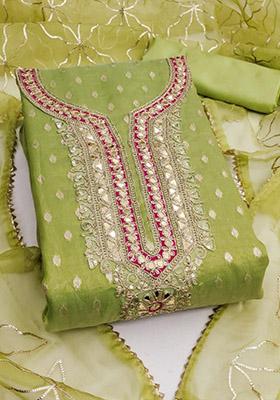 Green Solid Organza Dress Material