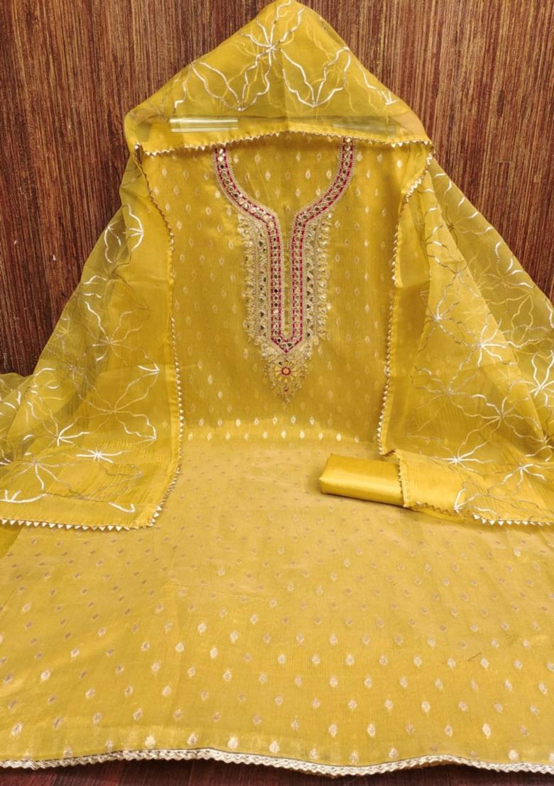 Yellow Solid Organza Dress Material