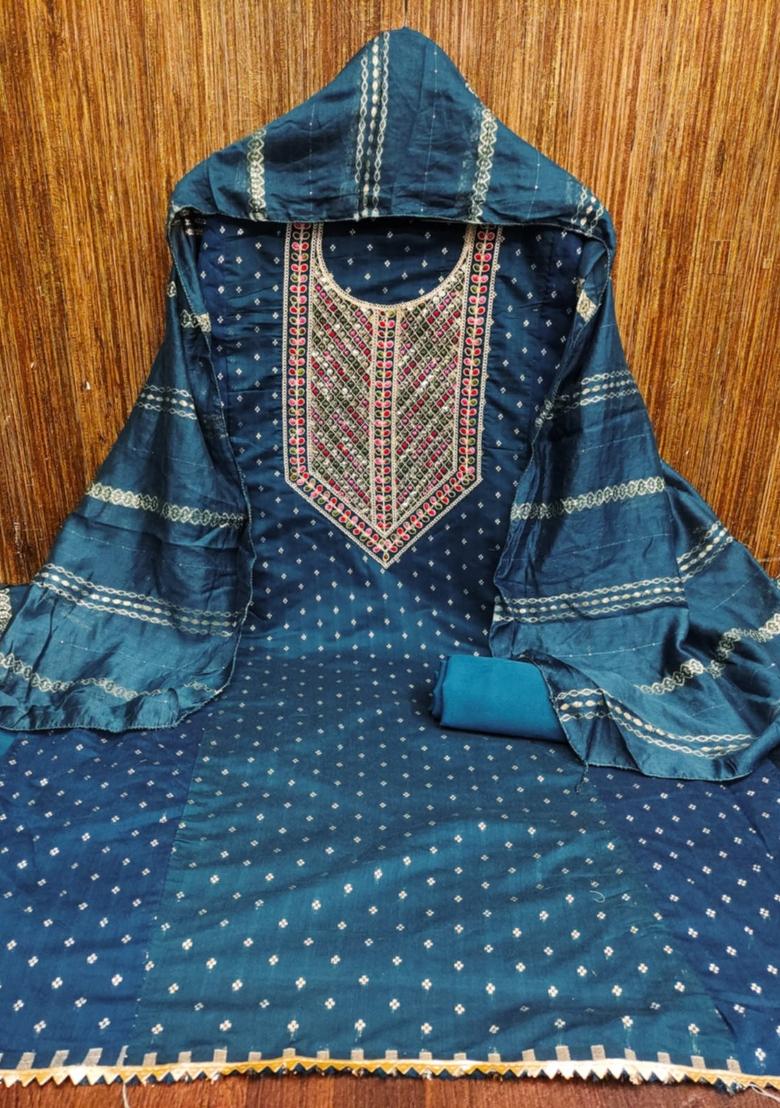 Aqua Blue Solid Chanderi Dress Material