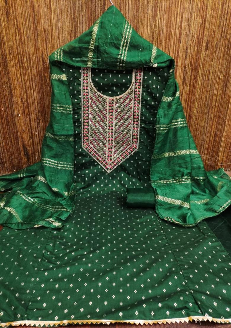 Green Solid Chanderi Dress Material