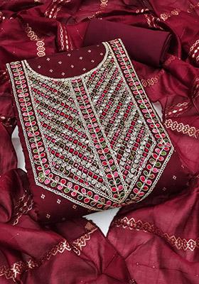 Maroon Solid Chanderi Dress Material