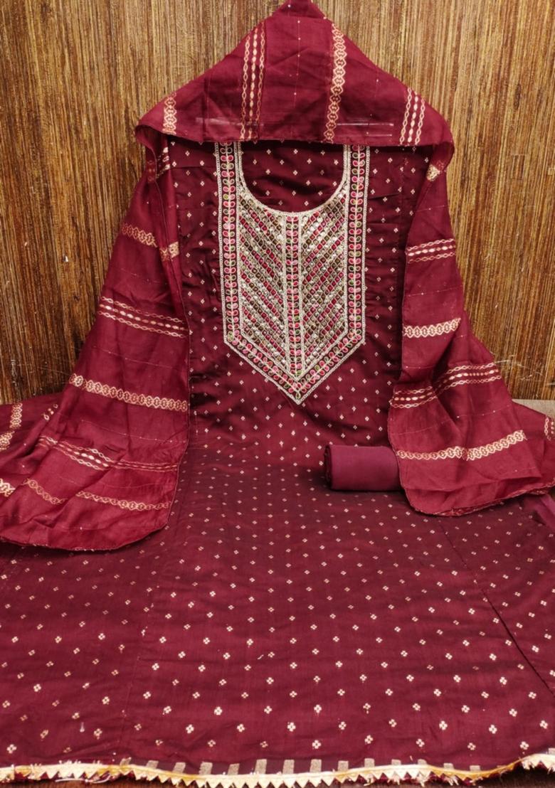Maroon Solid Chanderi Dress Material