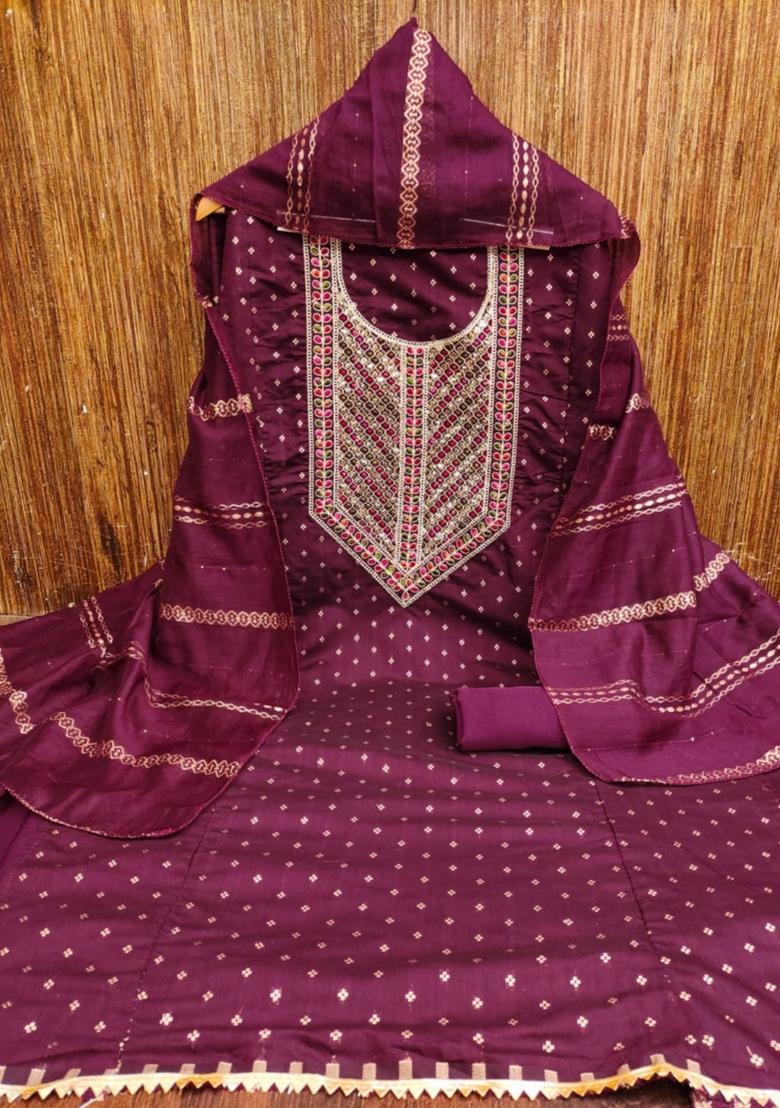 Wine Solid Chanderi Dress Material