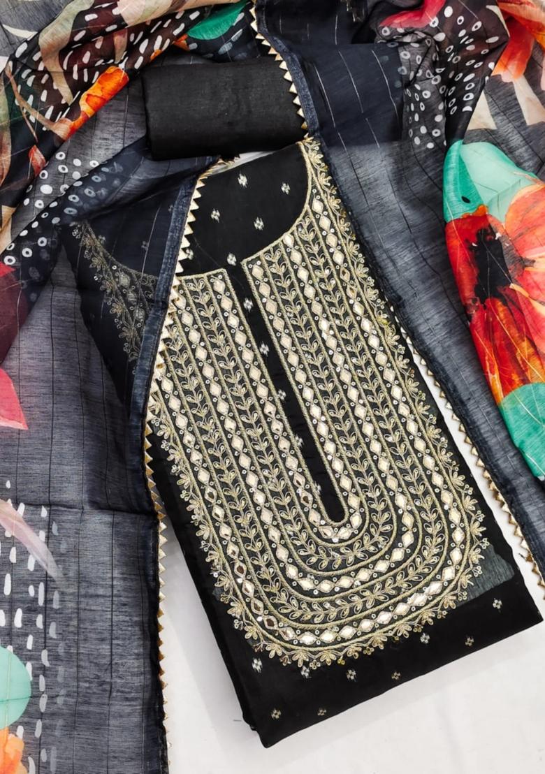 Black Solid Chanderi Dress Material