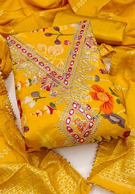 Gold Solid Chanderi Dress Material