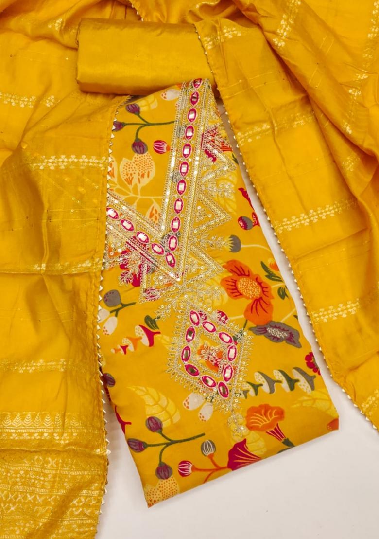 Gold Solid Chanderi Dress Material