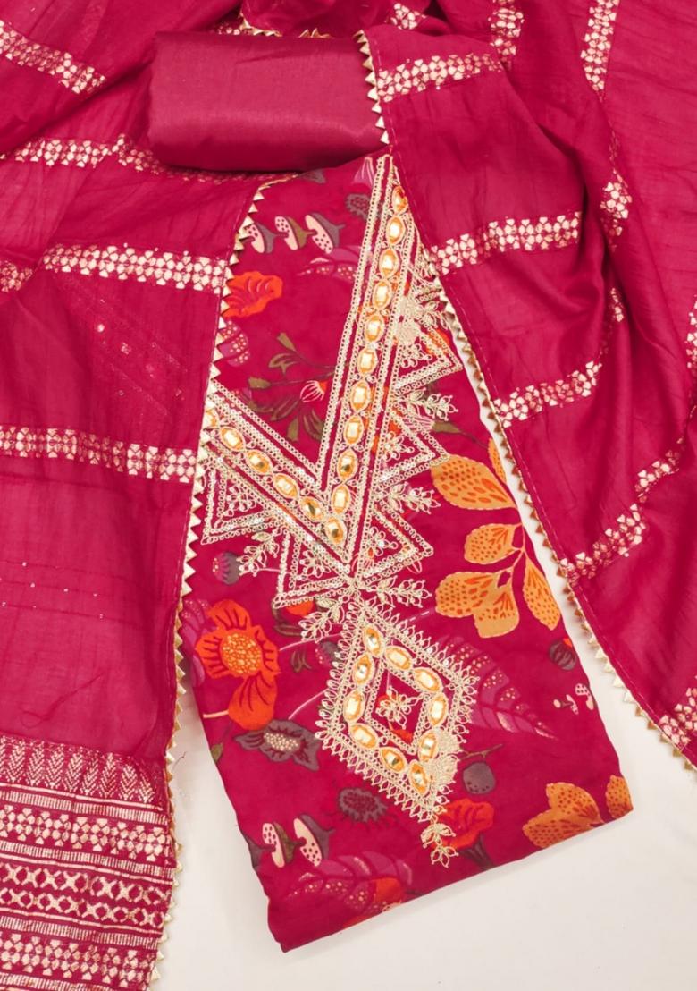 Red Solid Chanderi Dress Material
