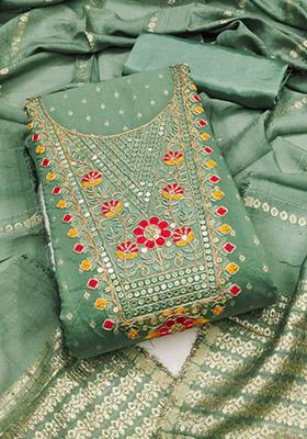 Green Solid Chanderi Dress Material