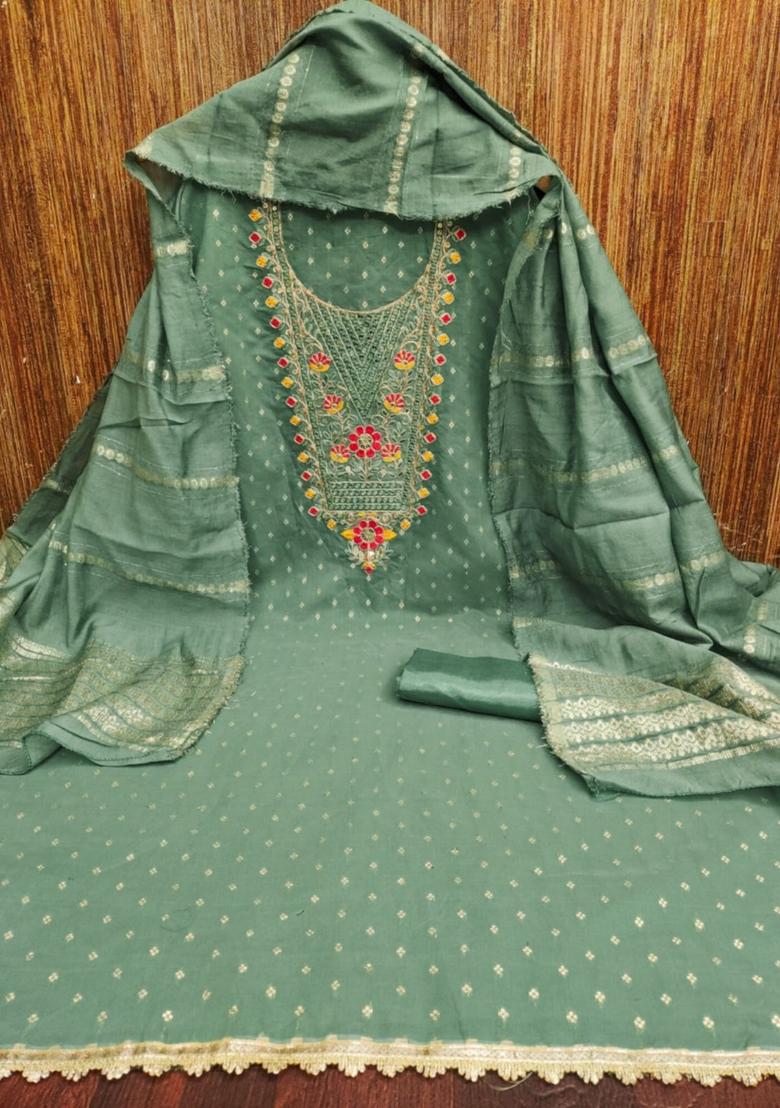 Green Solid Chanderi Dress Material