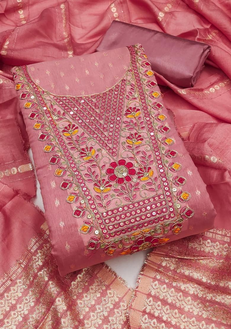 Pink Solid Chanderi Dress Material