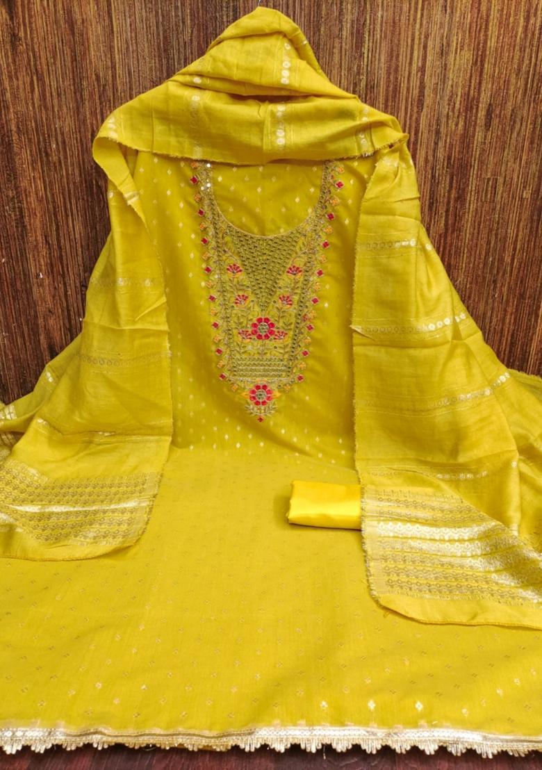 Yellow Solid Chanderi Dress Material