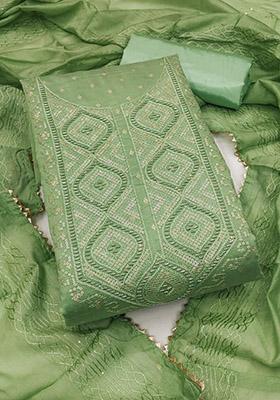 Green Solid Chanderi Dress Material