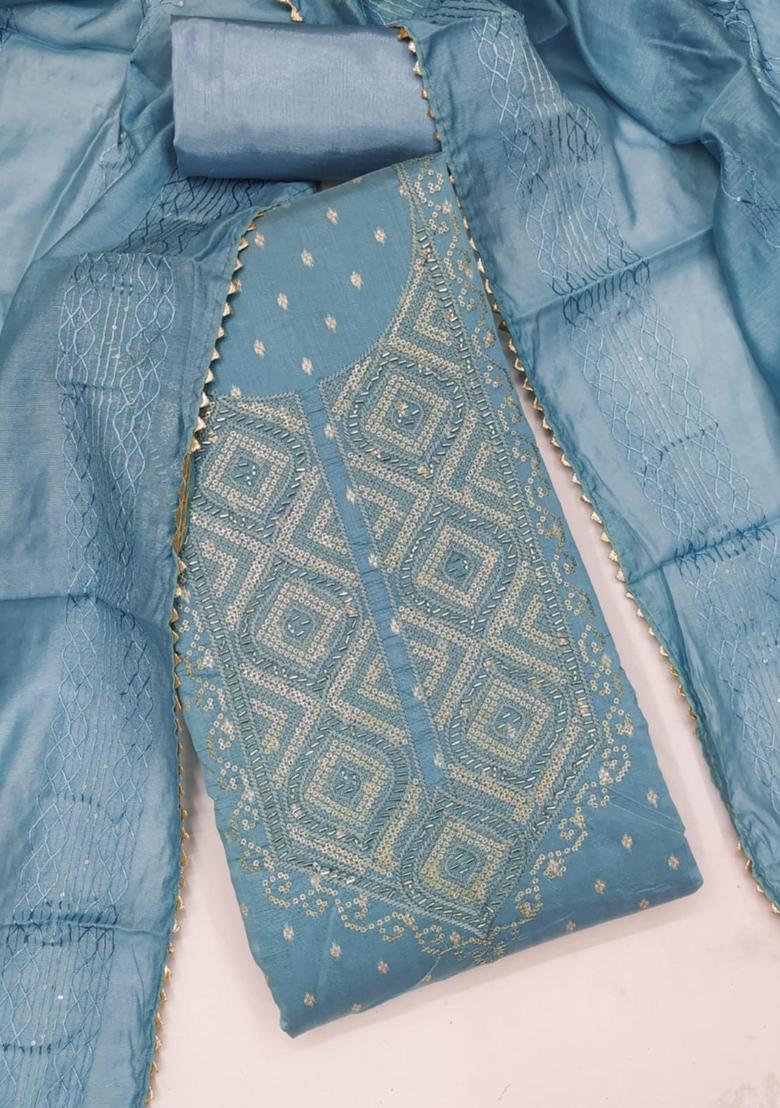 Grey Solid Chanderi Dress Material